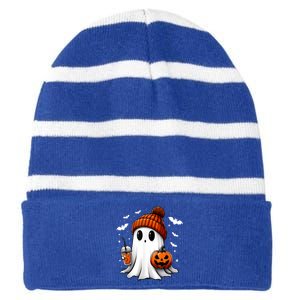 Cute Ghost Drink Pumpkin Halloween Gift Striped Beanie with Solid Band