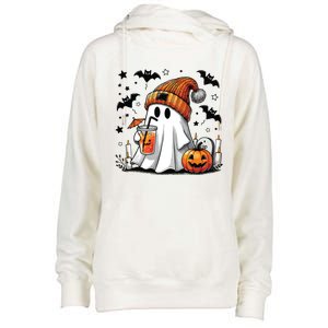 Cute Ghost Drinking Coffee Halloween Ghost Coffee Women Womens Funnel Neck Pullover Hood