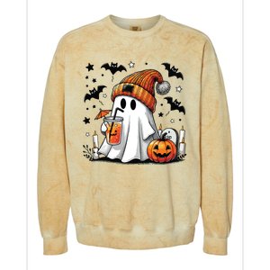 Cute Ghost Drinking Coffee Halloween Ghost Coffee Women Colorblast Crewneck Sweatshirt