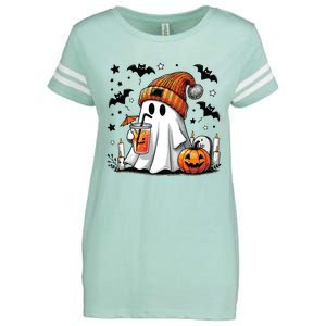 Cute Ghost Drinking Coffee Halloween Ghost Coffee Women Enza Ladies Jersey Football T-Shirt