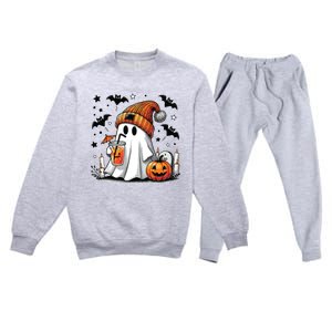 Cute Ghost Drinking Coffee Halloween Ghost Coffee Women Premium Crewneck Sweatsuit Set