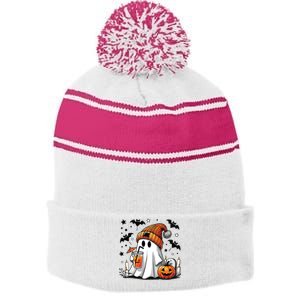 Cute Ghost Drinking Coffee Halloween Ghost Coffee Women Stripe Pom Pom Beanie