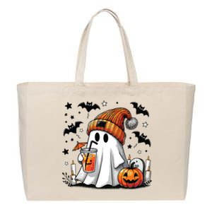 Cute Ghost Drinking Coffee Halloween Ghost Coffee Women Cotton Canvas Jumbo Tote