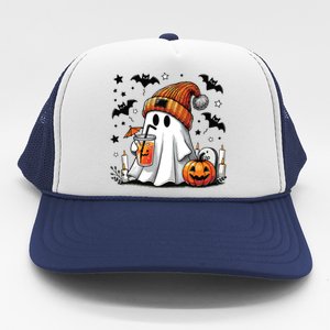 Cute Ghost Drinking Coffee Halloween Ghost Coffee Women Trucker Hat