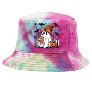 Cute Ghost Drinking Coffee Halloween Ghost Coffee Women Tie-Dyed Bucket Hat