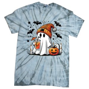 Cute Ghost Drinking Coffee Halloween Ghost Coffee Women Tie-Dye T-Shirt