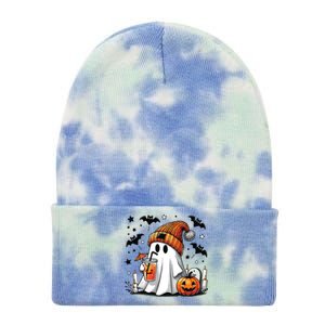 Cute Ghost Drinking Coffee Halloween Ghost Coffee Women Tie Dye 12in Knit Beanie