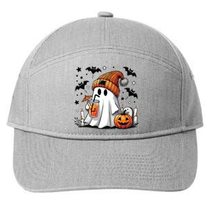 Cute Ghost Drinking Coffee Halloween Ghost Coffee Women 7-Panel Snapback Hat