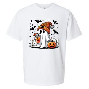 Cute Ghost Drinking Coffee Halloween Ghost Coffee Women Sueded Cloud Jersey T-Shirt