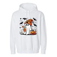 Cute Ghost Drinking Coffee Halloween Ghost Coffee Women Garment-Dyed Fleece Hoodie