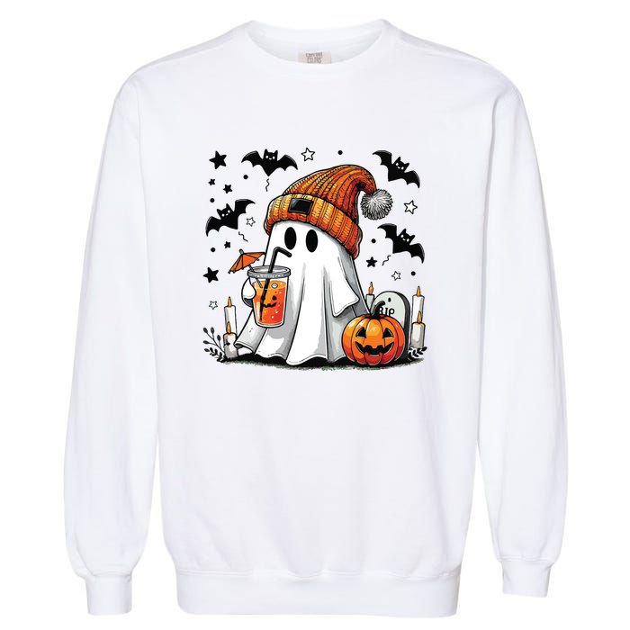 Cute Ghost Drinking Coffee Halloween Ghost Coffee Women Garment-Dyed Sweatshirt