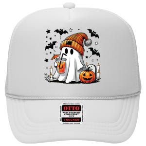 Cute Ghost Drinking Coffee Halloween Ghost Coffee Women High Crown Mesh Back Trucker Hat