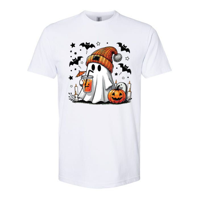 Cute Ghost Drinking Coffee Halloween Ghost Coffee Women Softstyle CVC T-Shirt