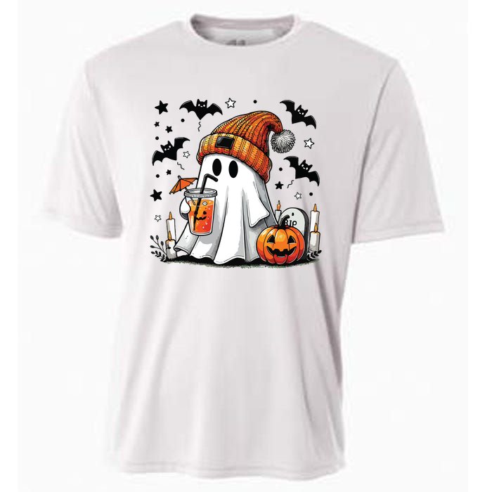 Cute Ghost Drinking Coffee Halloween Ghost Coffee Women Cooling Performance Crew T-Shirt