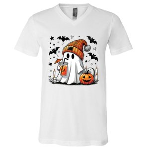 Cute Ghost Drinking Coffee Halloween Ghost Coffee Women V-Neck T-Shirt