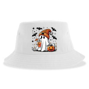 Cute Ghost Drinking Coffee Halloween Ghost Coffee Women Sustainable Bucket Hat