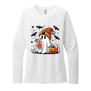 Cute Ghost Drinking Coffee Halloween Ghost Coffee Women Womens CVC Long Sleeve Shirt