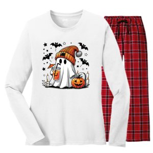 Cute Ghost Drinking Coffee Halloween Ghost Coffee Women Women's Long Sleeve Flannel Pajama Set 