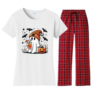 Cute Ghost Drinking Coffee Halloween Ghost Coffee Women Women's Flannel Pajama Set