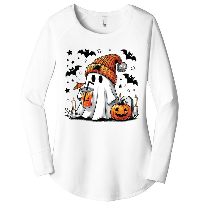 Cute Ghost Drinking Coffee Halloween Ghost Coffee Women Women's Perfect Tri Tunic Long Sleeve Shirt