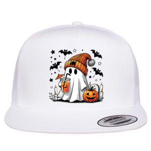 Cute Ghost Drinking Coffee Halloween Ghost Coffee Women Flat Bill Trucker Hat