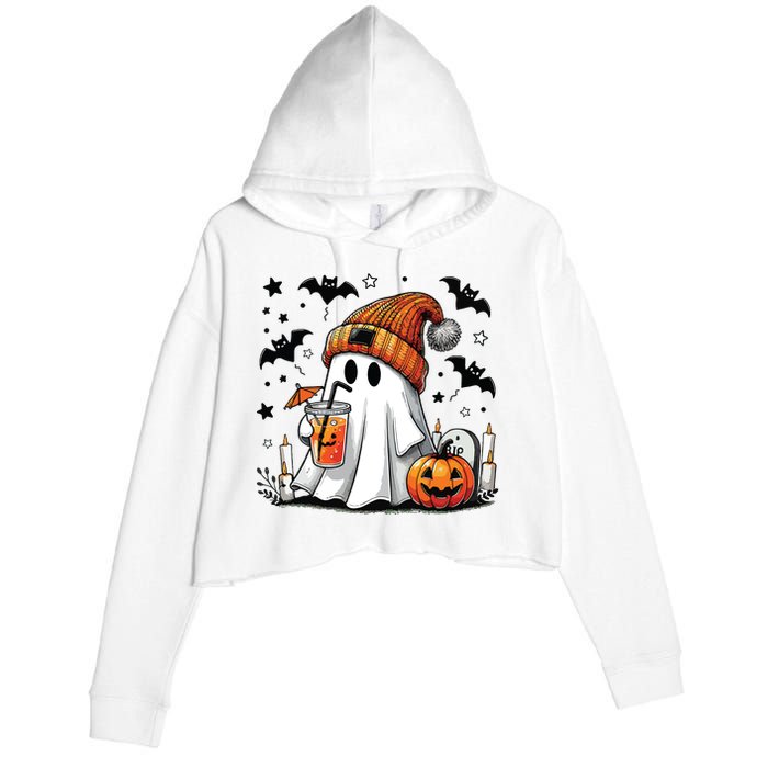 Cute Ghost Drinking Coffee Halloween Ghost Coffee Women Crop Fleece Hoodie