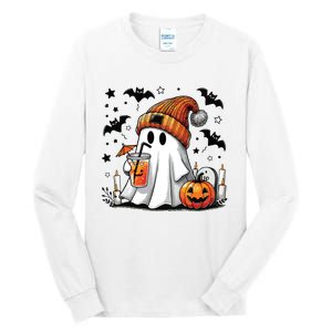 Cute Ghost Drinking Coffee Halloween Ghost Coffee Women Tall Long Sleeve T-Shirt