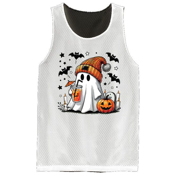 Cute Ghost Drinking Coffee Halloween Ghost Coffee Women Mesh Reversible Basketball Jersey Tank