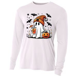 Cute Ghost Drinking Coffee Halloween Ghost Coffee Women Cooling Performance Long Sleeve Crew