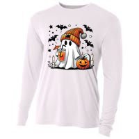 Cute Ghost Drinking Coffee Halloween Ghost Coffee Women Cooling Performance Long Sleeve Crew