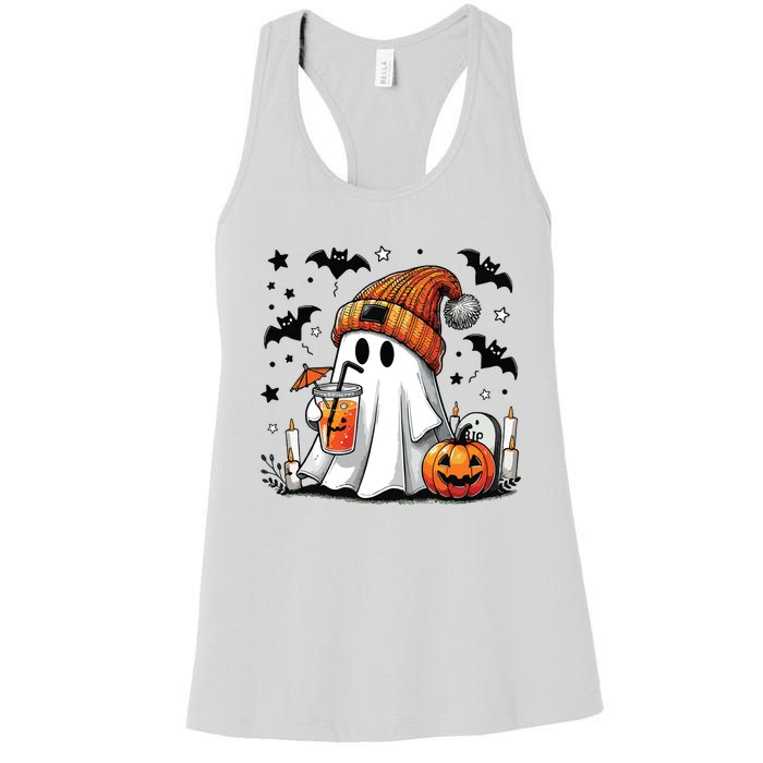 Cute Ghost Drinking Coffee Halloween Ghost Coffee Women Women's Racerback Tank