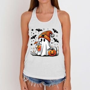 Cute Ghost Drinking Coffee Halloween Ghost Coffee Women Women's Knotted Racerback Tank