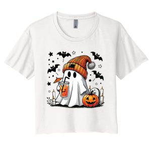 Cute Ghost Drinking Coffee Halloween Ghost Coffee Women Women's Crop Top Tee