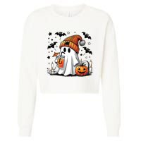 Cute Ghost Drinking Coffee Halloween Ghost Coffee Women Cropped Pullover Crew