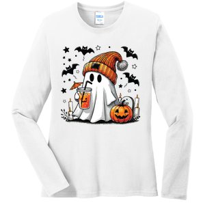 Cute Ghost Drinking Coffee Halloween Ghost Coffee Women Ladies Long Sleeve Shirt