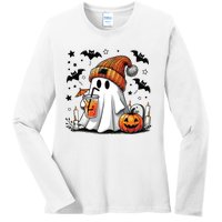 Cute Ghost Drinking Coffee Halloween Ghost Coffee Women Ladies Long Sleeve Shirt