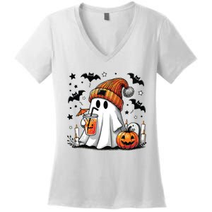 Cute Ghost Drinking Coffee Halloween Ghost Coffee Women Women's V-Neck T-Shirt