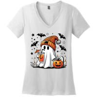 Cute Ghost Drinking Coffee Halloween Ghost Coffee Women Women's V-Neck T-Shirt