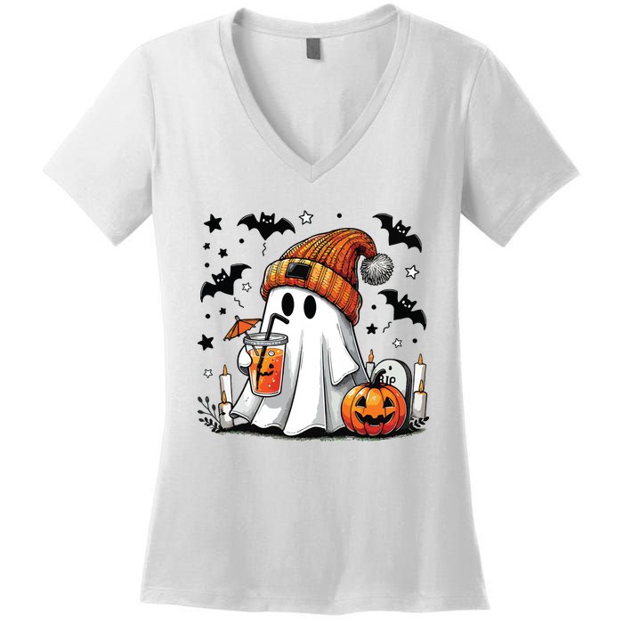 Cute Ghost Drinking Coffee Halloween Ghost Coffee Women Women's V-Neck T-Shirt