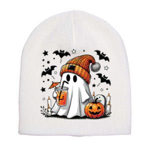 Cute Ghost Drinking Coffee Halloween Ghost Coffee Women Short Acrylic Beanie