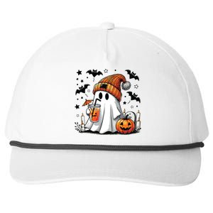 Cute Ghost Drinking Coffee Halloween Ghost Coffee Women Snapback Five-Panel Rope Hat