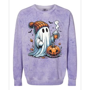 Cute Ghost Drinking Coffee Halloween Ghost Coffee Women Colorblast Crewneck Sweatshirt