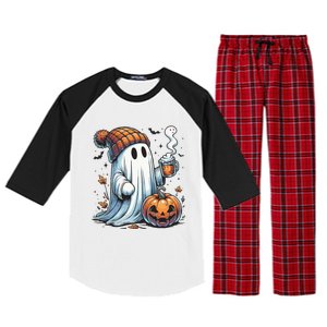 Cute Ghost Drinking Coffee Halloween Ghost Coffee Women Raglan Sleeve Pajama Set