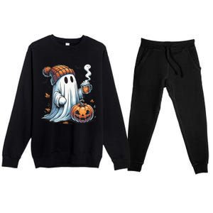 Cute Ghost Drinking Coffee Halloween Ghost Coffee Women Premium Crewneck Sweatsuit Set