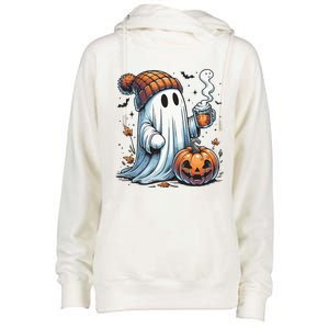 Cute Ghost Drinking Coffee Halloween Ghost Coffee Women Womens Funnel Neck Pullover Hood