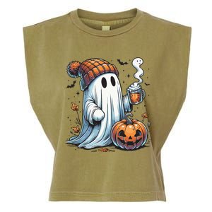 Cute Ghost Drinking Coffee Halloween Ghost Coffee Women Garment-Dyed Women's Muscle Tee