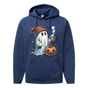 Cute Ghost Drinking Coffee Halloween Ghost Coffee Women Performance Fleece Hoodie