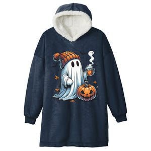 Cute Ghost Drinking Coffee Halloween Ghost Coffee Women Hooded Wearable Blanket