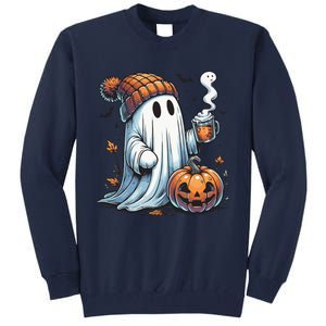 Cute Ghost Drinking Coffee Halloween Ghost Coffee Women Tall Sweatshirt