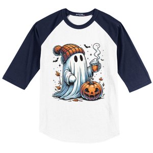 Cute Ghost Drinking Coffee Halloween Ghost Coffee Women Baseball Sleeve Shirt